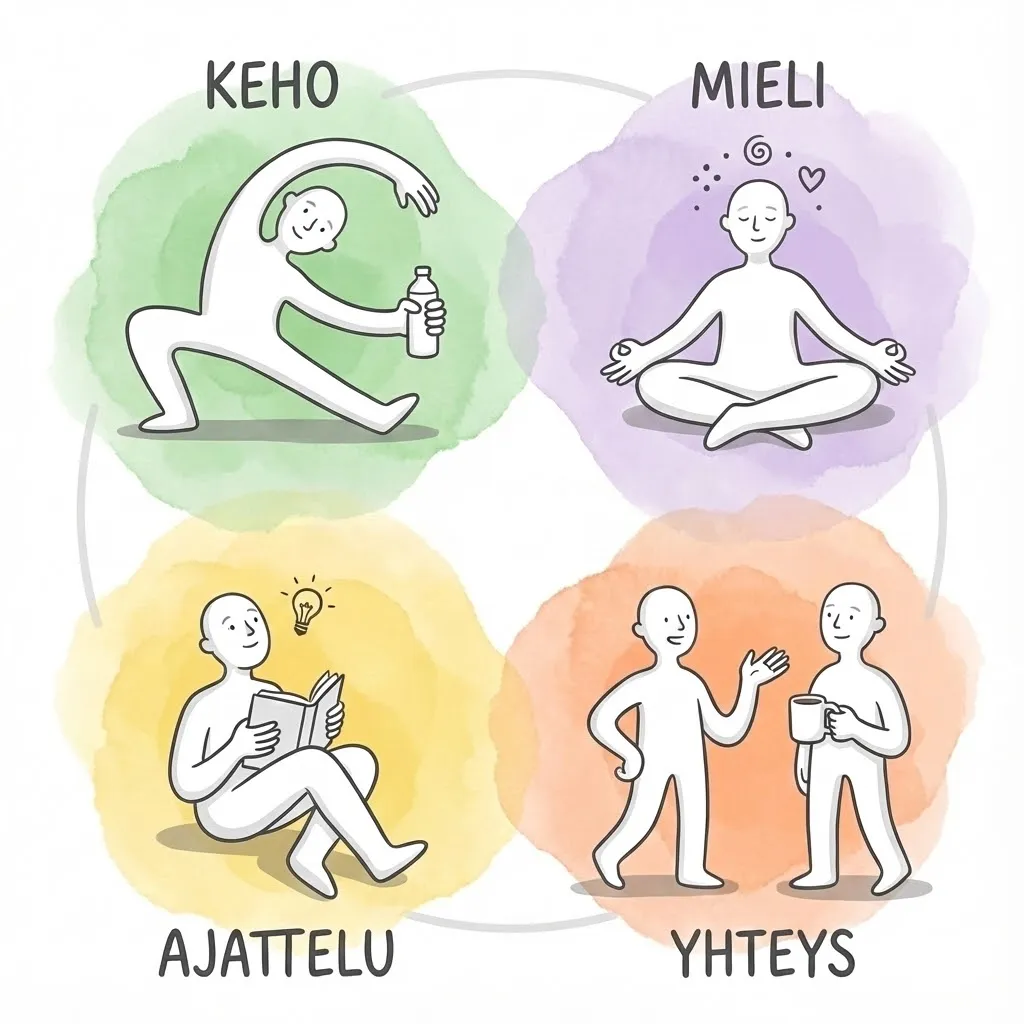 Tavaksi-työhyvinvoinnin menetelmän neljä osa-aluetta: keho, mieli, ajattelu ja yhteys