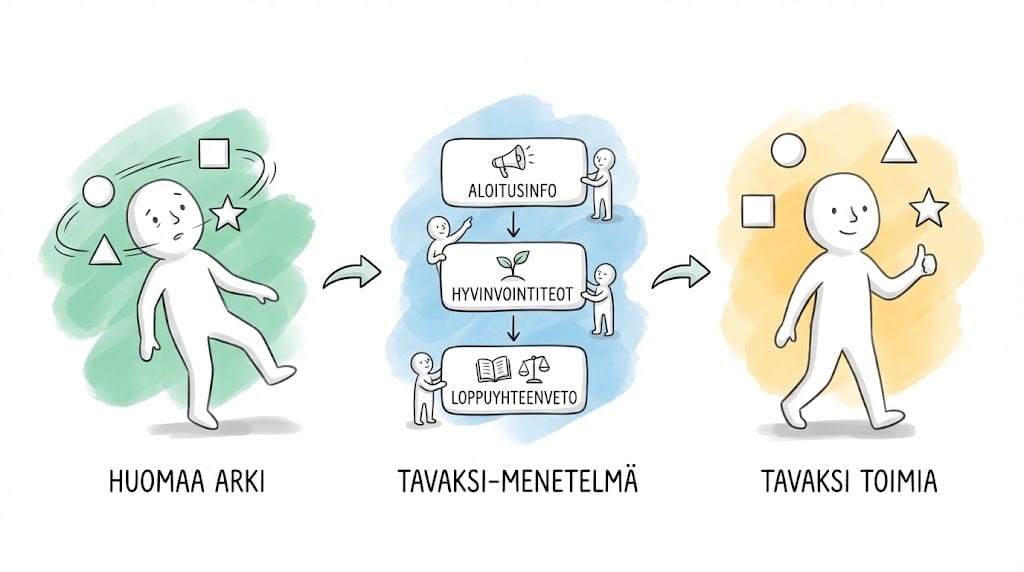 Miten Tavaksi-menetelmä toimii?
1. Huomaa arki
2. Tavaksi-menetelmä
3. Tavaksi toimia