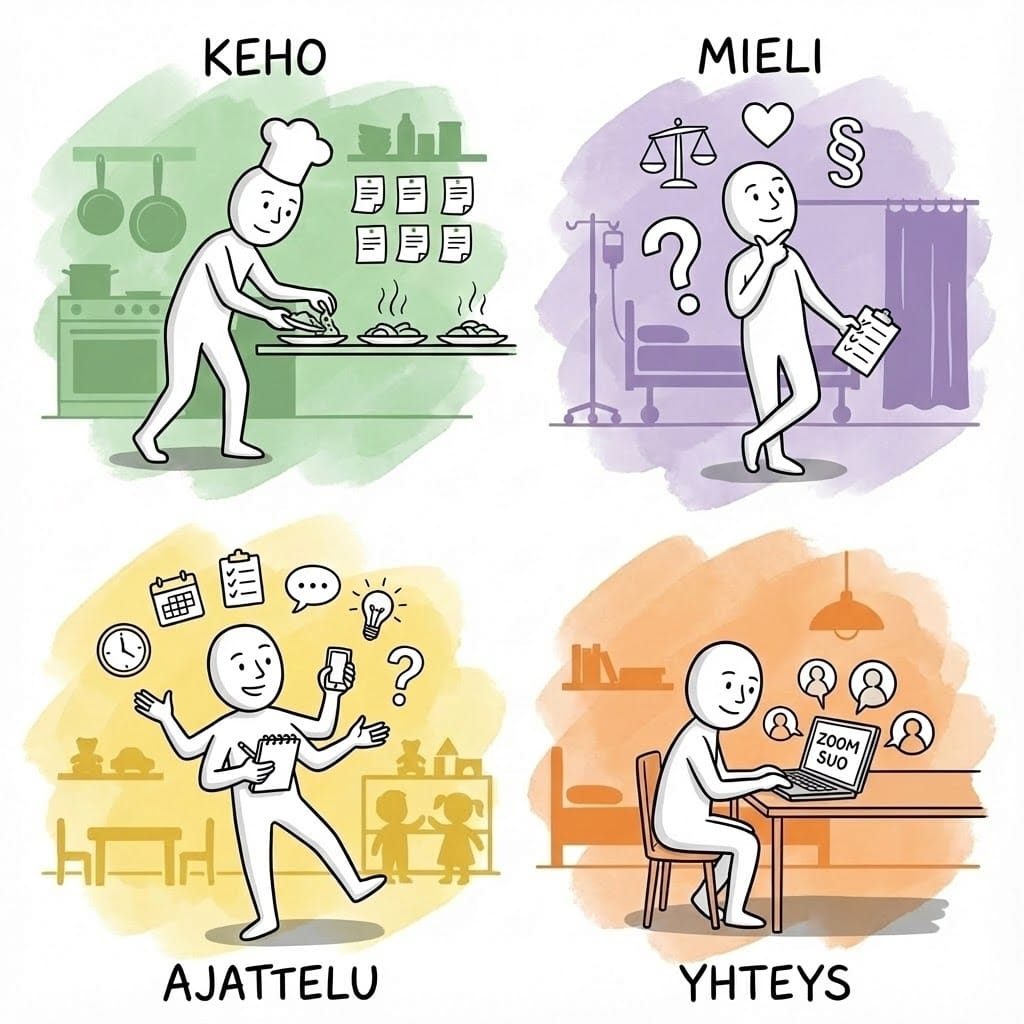 Työhyvinvoinnin kehittäminen työpaikalla: keho, mieli, ajattelu ja yhteys.
